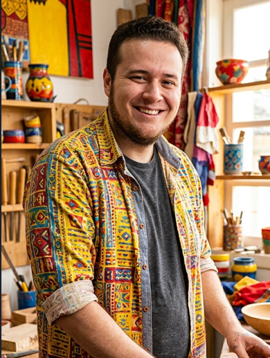 Guto Zenedin sorrindo em um ateliê de artesanato, cercado de peças coloridas